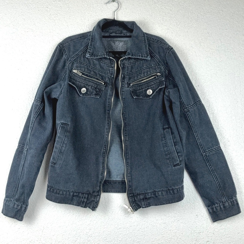 Victorious Black Denim Moto Jacket - M - Full Zip Multi-Pocket Edgy Streetwear